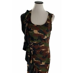 French Atmosphere Women's Camouflage Multicolor Ruffle Sleeveless Dress Large